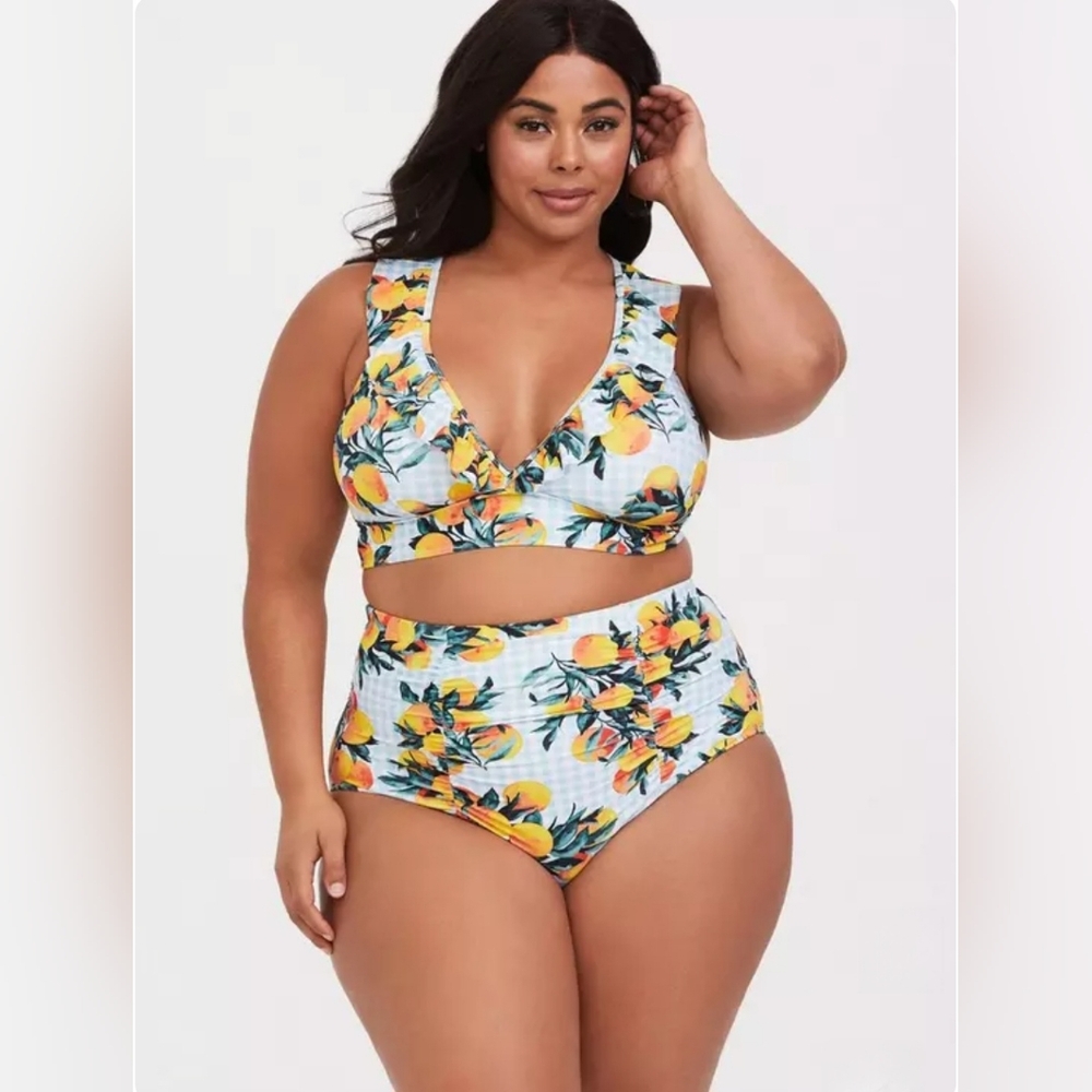 Torrid Blue Gingham & Oranges Ruffle Triangle Bikini Top Size 3X NWT - Picture 7 of 9
